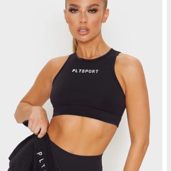 PRETTYLITTLETHING Black Sculpt Luxe Racer Neck Sports Top Size 6 NWT - Picture 1 of 6